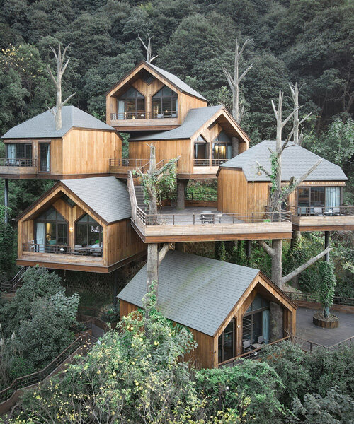 WH studio constructs cluster of treehouse cabins at senbo resort hangzhou in china