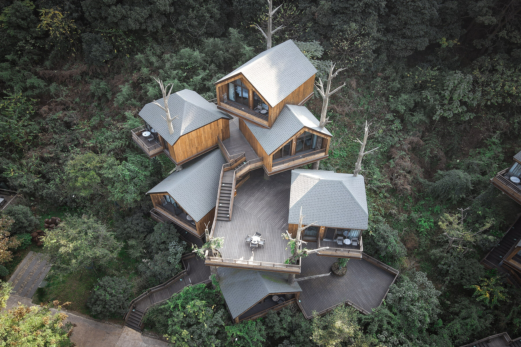 WH studio constructs cluster of treehouse cabins at senbo resort hangzhou in china