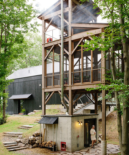 three-story cedar tower with a sauna connects to rural 'fox hall' house by BarlisWedlick