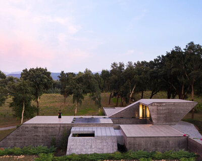 hugo pereira's cork oak house emerges from the ground like a rocky landform