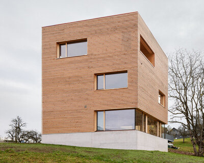 firm architekten builds cube house in austria using timber from the owner's private forest
