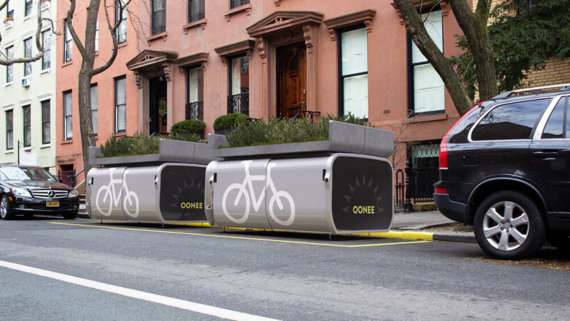 the future of the curb: oonee mini pod fits 10 bikes in a single NYC parking spot
