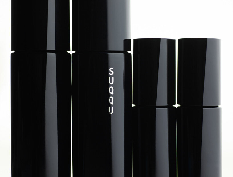 tokujin yoshioka designs sculptural deep black packaging for SUQQU's skincare collection