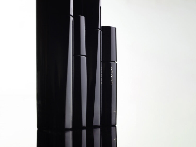 tokujin yoshioka designs sculptural deep black packaging for SUQQU's skincare collection