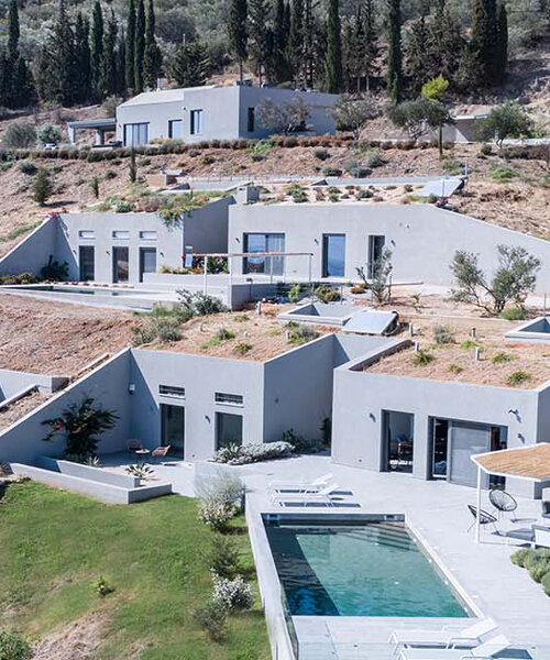 submerged volumes and planted roofs integrate these houses into the greek coastline