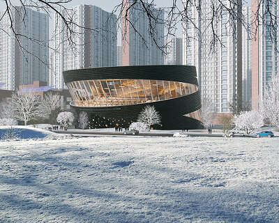 aoe architects proposes rounded leaning library within songdo international city, in south korea