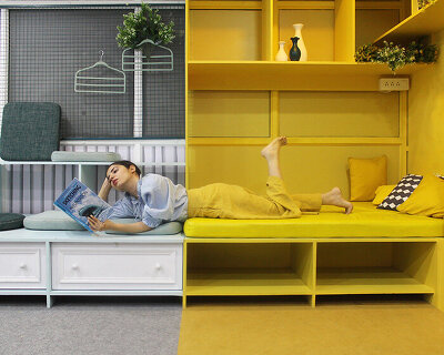 black chalkboard surface + yellow corner complete creative studio interior in india