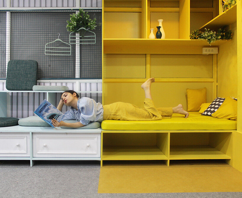 black chalkboard surface + yellow corner complete creative studio interior in india