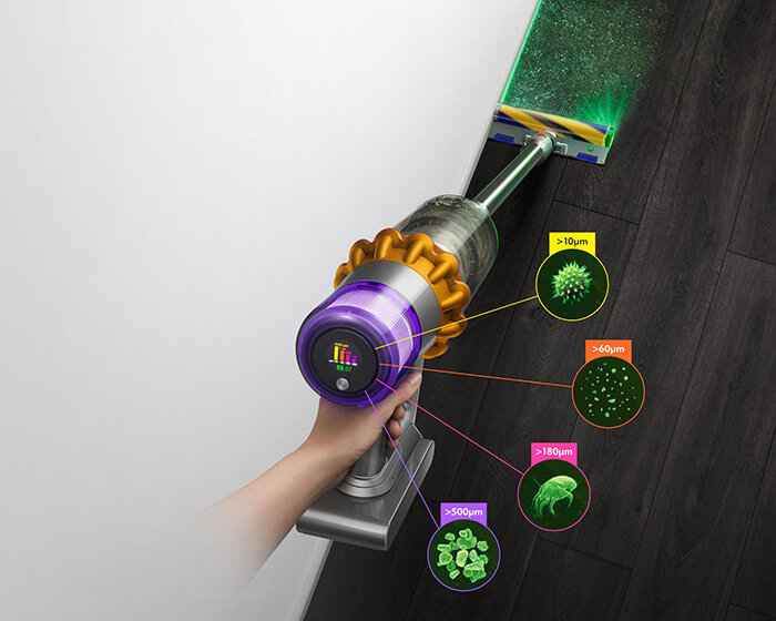 the dyson V15 detect reveals hidden particles so you can see where you need to clean