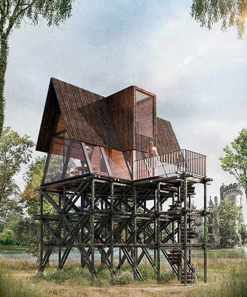 forma atelier immerses modular treehouse proposal in french forest landscape