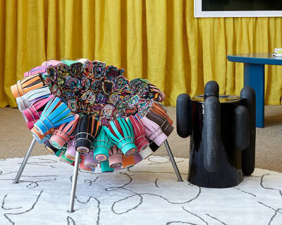 whimsical chairs and a floral chandelier populate frampton co's long island exhibition