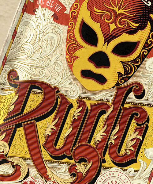 mexican wrestling masks & intricate flourishes adorn new 'rudo and tecnico' tequila bottle