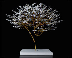 miniature origami birds flock together in naoki onogawa's tree-shaped paper sculptures