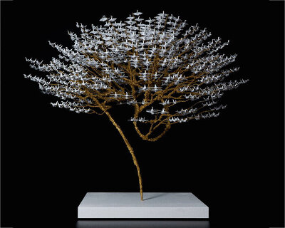 miniature origami birds flock together in naoki onogawa's tree-shaped paper sculptures