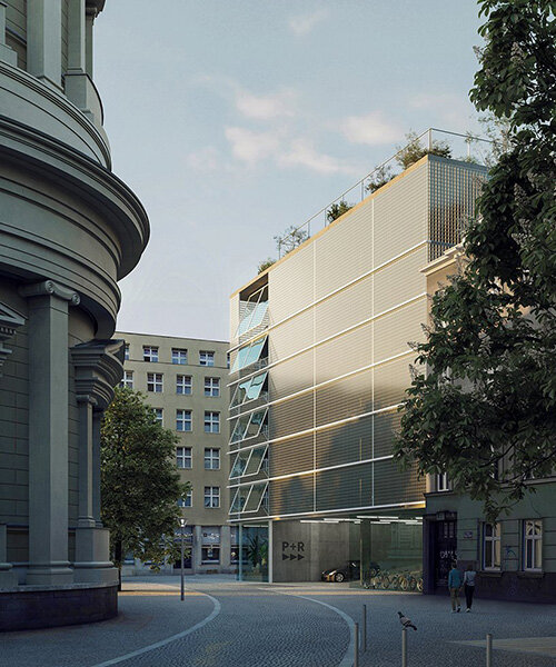 transparent grid façade completes parking house by malý chmel in czech republic