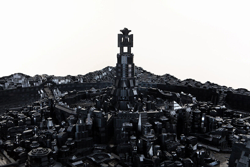 ekow nimako renders an afrofuturistic cityscape in 100,000 black LEGO pieces