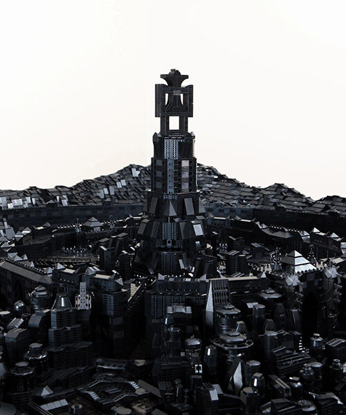 ekow nimako renders an afrofuturistic cityscape in 100,000 black LEGO pieces