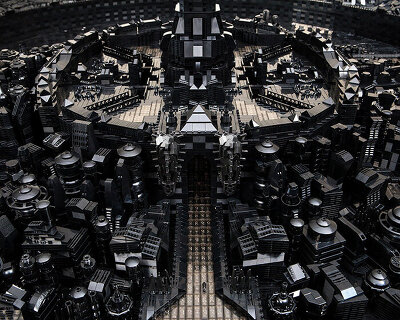 ekow nimako renders an afrofuturistic cityscape in 100,000 black LEGO pieces