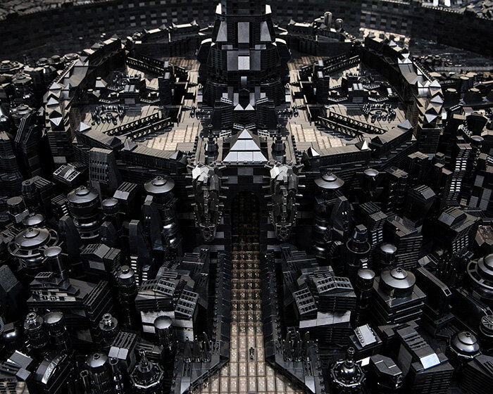 ekow nimako renders an afrofuturistic cityscape in 100,000 black LEGO pieces