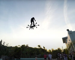 hunter kowald lifts off in LA after building a custom drone-like hoverboard