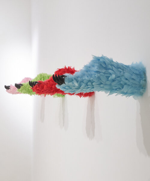 paola pivi on the ephemeral nature of her feathered bear feet rainbow at massimo de carlo