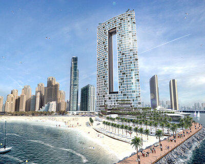 killa design tops 'address' beach resort towers in dubai with bridging infinity pool