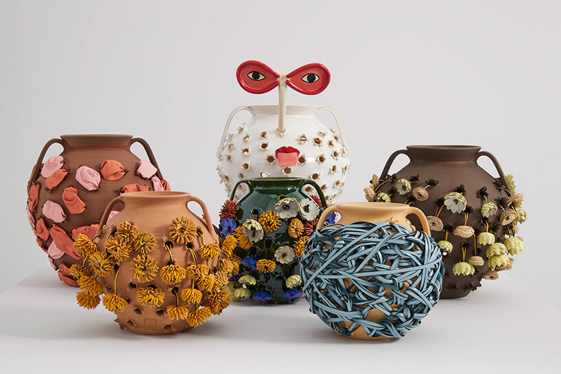 eyes, tongues, flowers and knots emerge from punctured terracotta pots in LOEWE weaves collection
