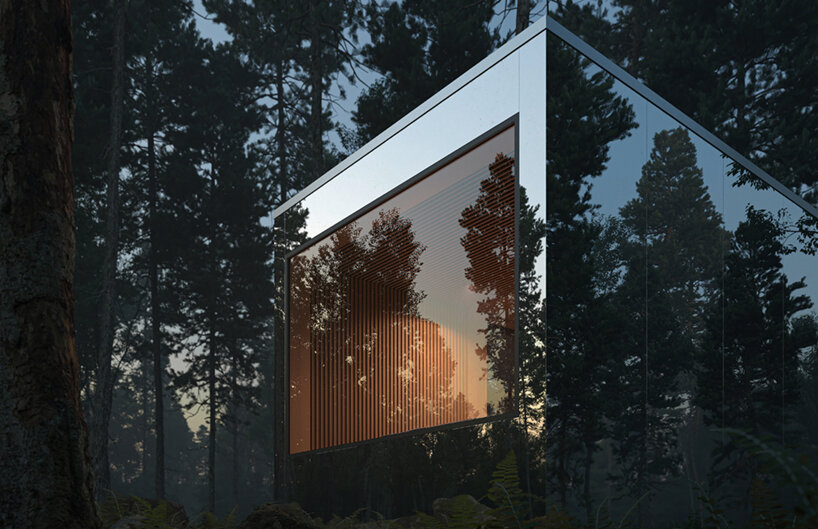 leckie studio's mirrored 'arcana' cabins disappear into their forested context