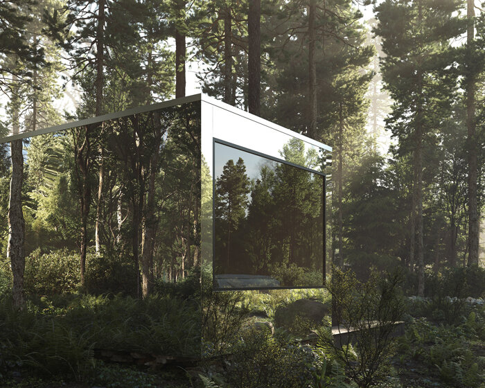leckie studio's mirrored 'arcana' cabins disappear into their forested context