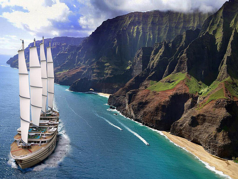 the galleon, a futuristic sailing gigayacht concept that can host 200 guests
