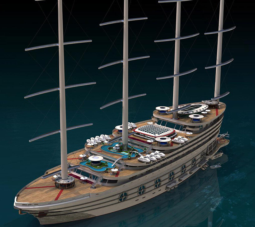 the galleon, a futuristic sailing gigayacht concept that can host 200 guests