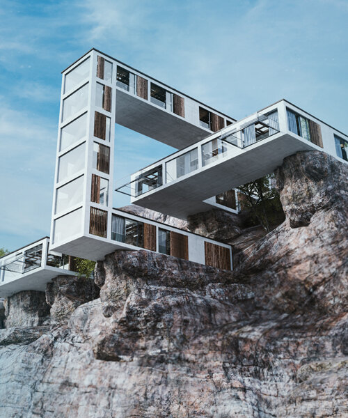 milad eshtiyaghi's cantilevering 'mountain house' meanders over a cliff in three dimensions
