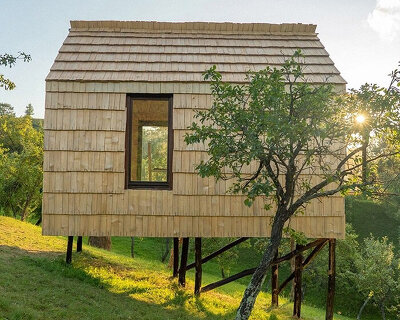 wood + shingle tiny hut built by romanian volunteers encourages locals to immerse in nature