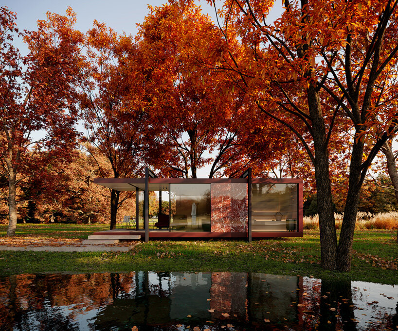 vilarte's modular, marble-clad pavilion by stefan.schöning.studio serves as outdoor hideaway