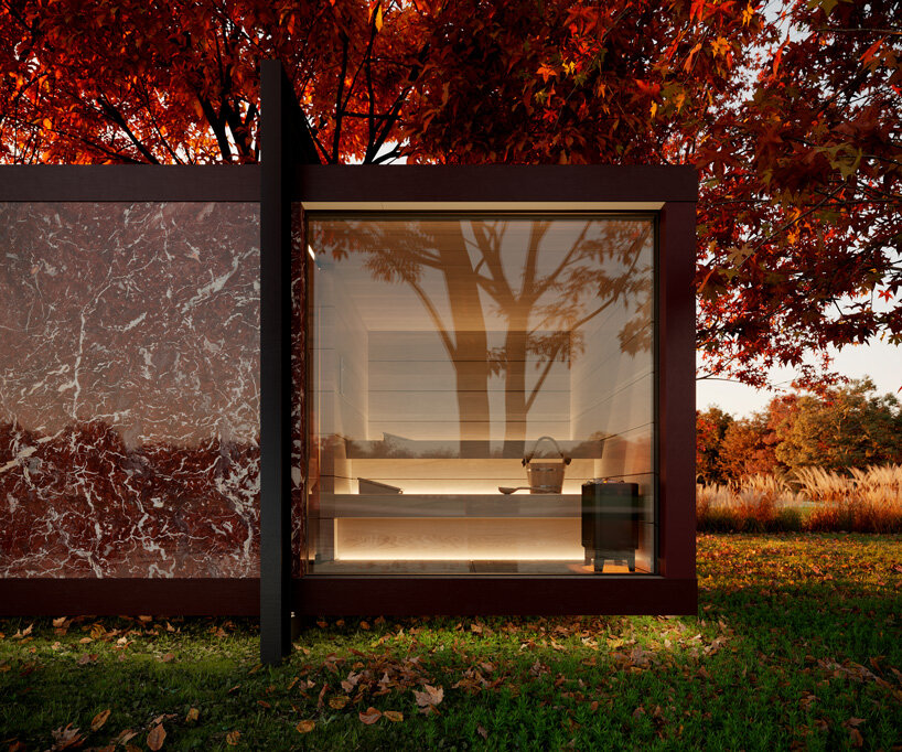 vilarte's modular, marble-clad pavilion by stefan.schöning.studio serves as outdoor hideaway