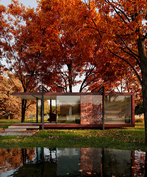 vilarte's modular, marble-clad pavilion by stefan.schöning.studio serves as outdoor hideaway