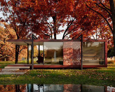 vilarte's modular, marble-clad pavilion by stefan.schöning.studio serves as outdoor hideaway