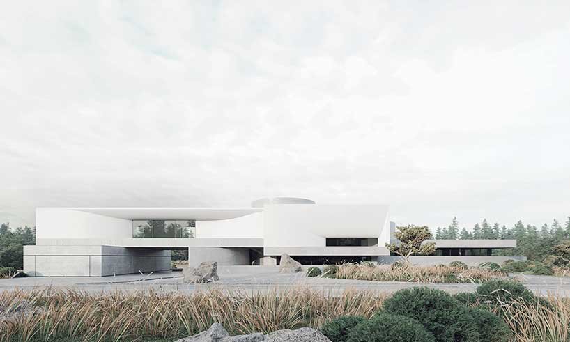 sharp lines + curved forms coexist within sergey makhno concrete residence in ukraine