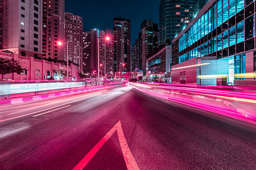 xavier portela makes dubai glow in dazzling hues and strokes of pink and blue