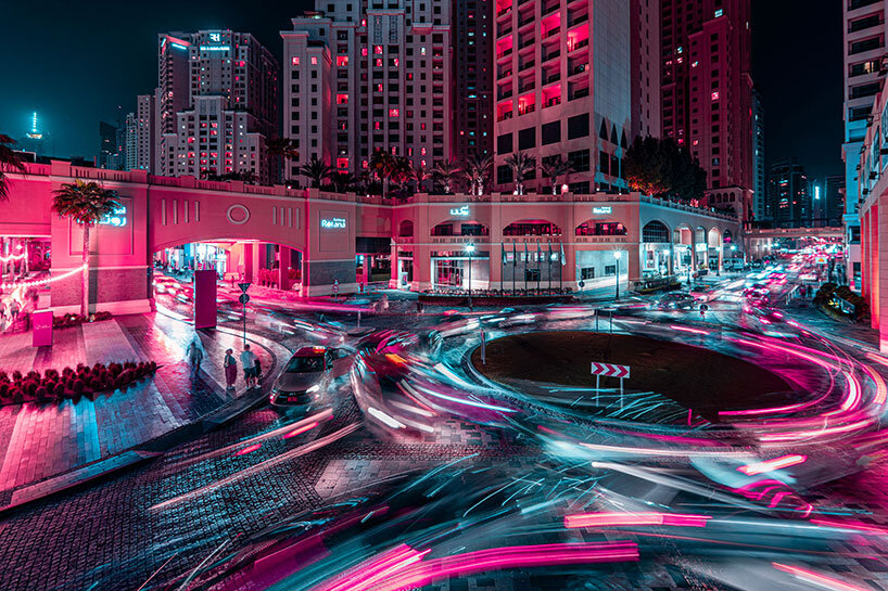 xavier portela makes dubai glow in dazzling hues and strokes of pink and blue