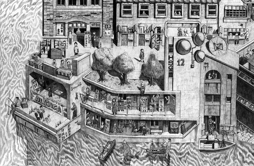 yota tsukino meticulously renders retrofuturistic cityscapes in pencil