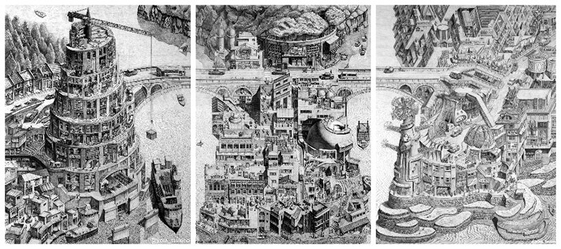 yota tsukino meticulously renders retrofuturistic cityscapes in pencil