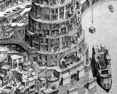 yota tsukino meticulously renders retrofuturistic cityscapes in pencil