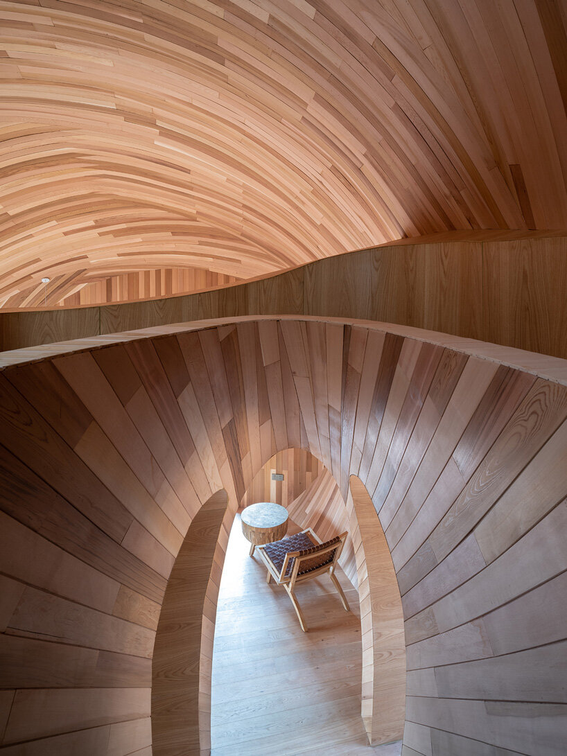 ZJJZ clads ellipsoidal guest houses in mirrored aluminum + pine shingles in rural china