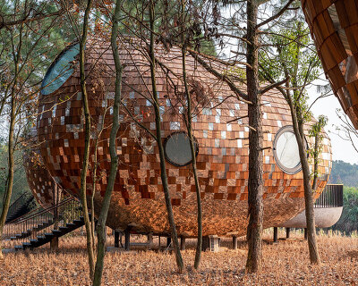 ZJJZ clads ellipsoidal guest houses in mirrored aluminum + pine shingles in rural china