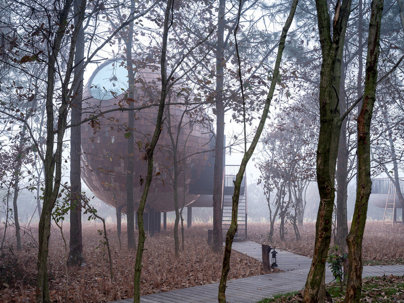 ZJJZ clads ellipsoidal guest houses in mirrored aluminum + pine shingles in rural china