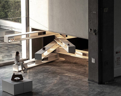 rotating cantilevered structure transforms taipei fine arts museum store into a dynamic space