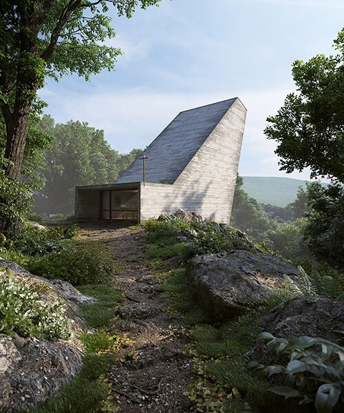 this concrete chapel blends into the rocky surrounding landscape of switzerland