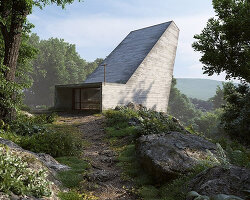 this concrete chapel blends into the rocky surrounding landscape of switzerland