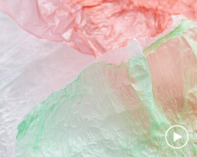 plastic bags are hot pressed together to create a series of translucent vases